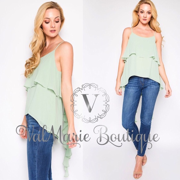 Lined sage adjustable Cami ruffle tank top - Picture 3 of 4